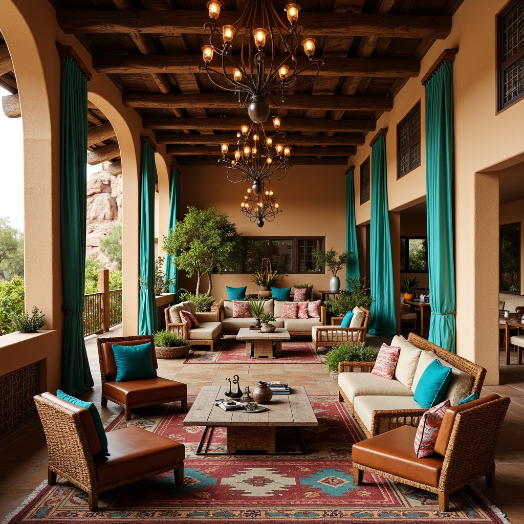 Prompt: Vibrant turquoise accents, rustic wooden furniture, leather-upholstered armchairs, woven wicker coffee tables, earthy-toned stone floors, bold geometric patterns, colorful Navajo-inspired rugs, plush velvet sofas, ornate metalwork, warm golden lighting, cozy intimate seating areas, lush greenery, natural rock formations, desert landscape views, grand chandeliers, luxurious drapery, rich wood tones, tribal-printed fabrics, Southwestern-style architectural details, dramatic ceiling fixtures.