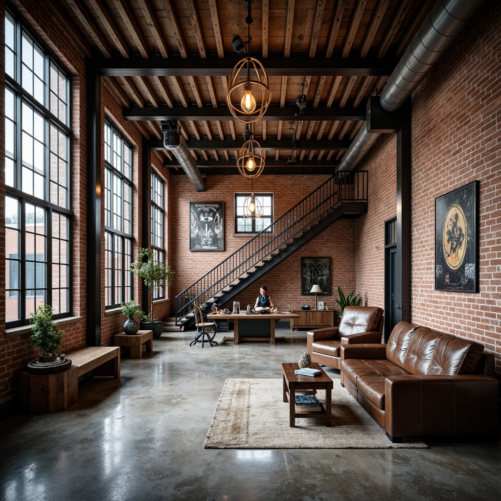 Prompt: Exposed brick walls, industrial metal beams, polished concrete floors, reclaimed wood accents, modern minimalist decor, urban loft atmosphere, abundance of natural light, oversized windows, metal staircase, Edison bulb lighting, distressed leather furniture, vintage machinery displays, rough-textured stone features, eclectic art pieces, open floor plan, high ceilings, metallic color scheme, moody ambient lighting, shallow depth of field, 1/1 composition, realistic textures, subtle atmospheric fog.