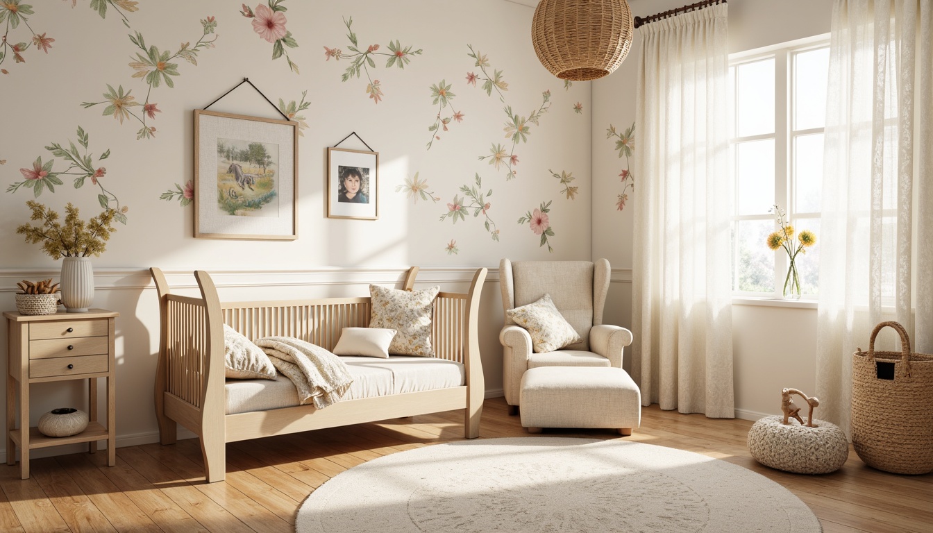 Prompt: Whimsical baby nursery, soft pastel colors, delicate florals, creamy whites, gentle lighting, plush area rug, curved crib, ornate metal details, lace drapery, ruffled bedding, vintage-inspired wall art, distressed wood furniture, natural woven baskets, artificial flowers, sheer curtains, warm beige tones, inviting ambiance, shallow depth of field, 1/1 composition, realistic textures, ambient occlusion.