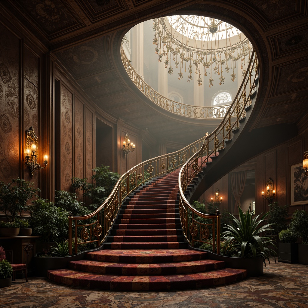 Prompt: Grand staircase, ornate iron railings, rich velvet drapes, luxurious chandeliers, intricate mosaic patterns, curved lines, organic forms, flowing tendrils, stylized botanical motifs, golden accents, warm earthy tones, soft dim lighting, atmospheric fog, mysterious ambiance, dramatic shadows, 3/4 composition, shallow depth of field, realistic textures, ambient occlusion.