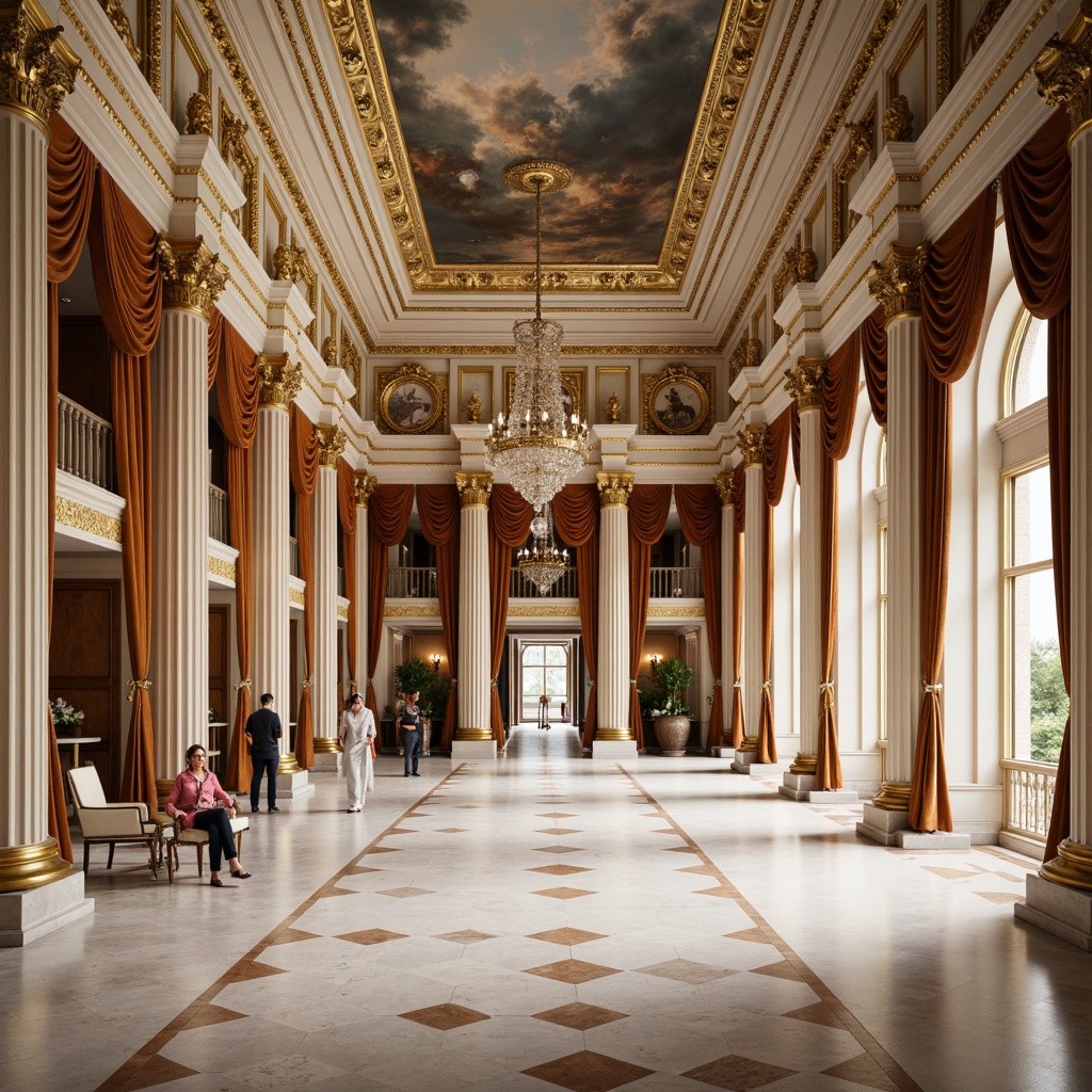 Prompt: Grandiose hall, neoclassical interior design, ornate moldings, gilded details, marble floors, polished wooden panels, crystal chandeliers, velvet drapes, intricate frescoes, ornamental plasterwork, luxurious fabrics, metallic accents, subtle sheen finishes, warm beige tones, soft cream hues, elegant gold leafing, subtle texture variations, 1/1 composition, shallow depth of field, softbox lighting, realistic reflections.