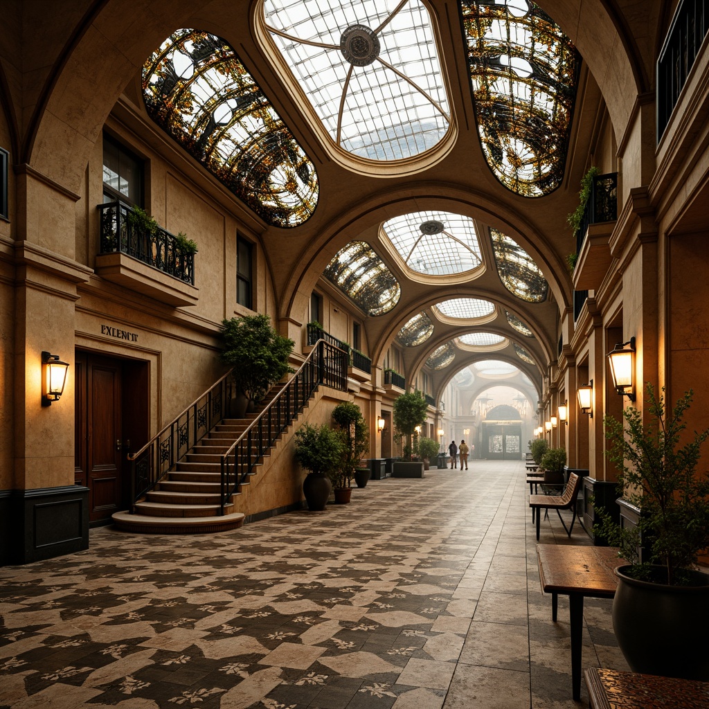 Prompt: \Intricate Art Nouveau metro station, ornate ironwork, flowing organic lines, sinuous curves, ornamental lanterns, stained glass ceilings, mosaic tile floors, grand sweeping staircases, elegant archways, dramatic vaulted ceilings, luxurious materials, bronze accents, warm golden lighting, atmospheric misty effects, 1/1 composition, symmetrical framing, shallow depth of field, detailed textures, ambient occlusion.\