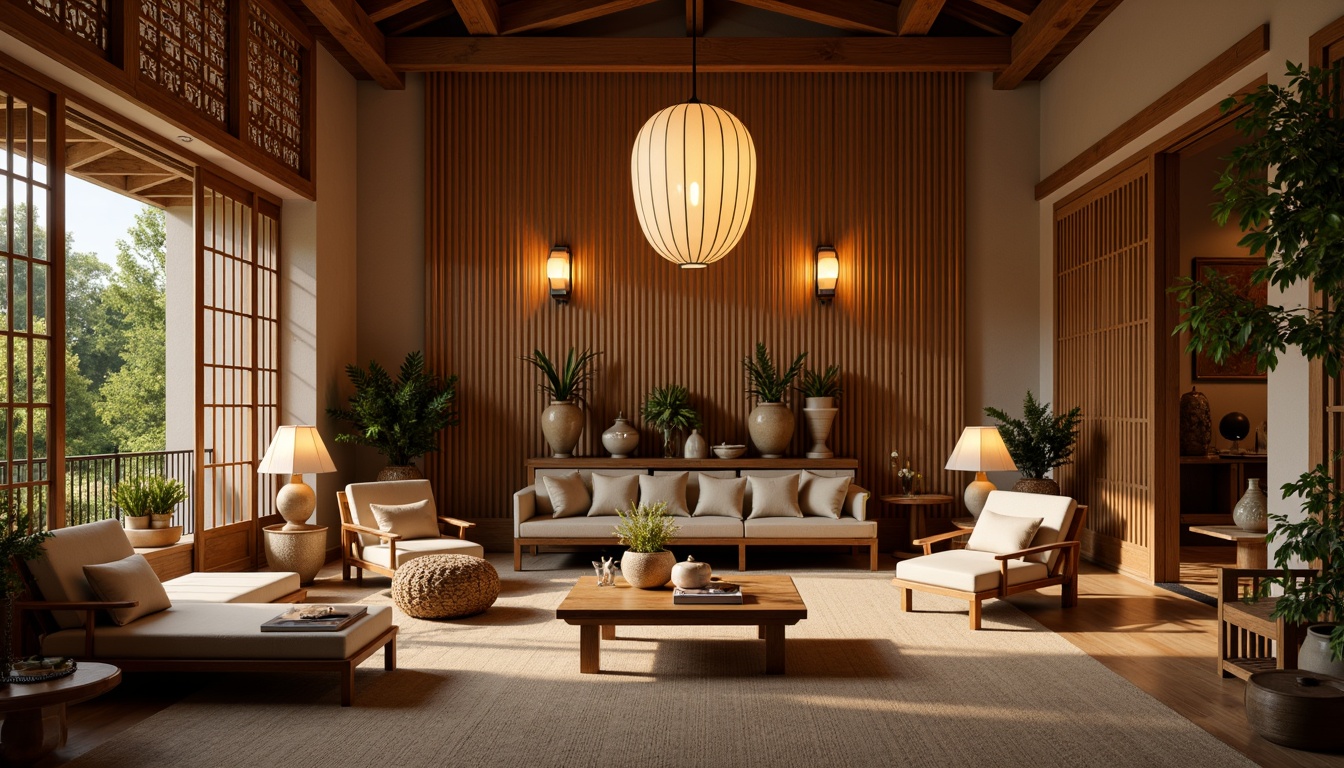 Prompt: Warm Asian-inspired interior, traditional paper lanterns, soft warm lighting, natural wood accents, woven bamboo furniture, intricately carved wooden panels, subtle golden ornaments, delicate porcelain vases, serene water features, lush greenery, elegant silk fabrics, subtle fragrance diffusers, ambient mood lighting, table lamps with paper shades, floor lamps with natural linen shades, warm beige color palette, cozy intimate atmosphere, shallow depth of field, 1/1 composition, realistic textures, soft focus.