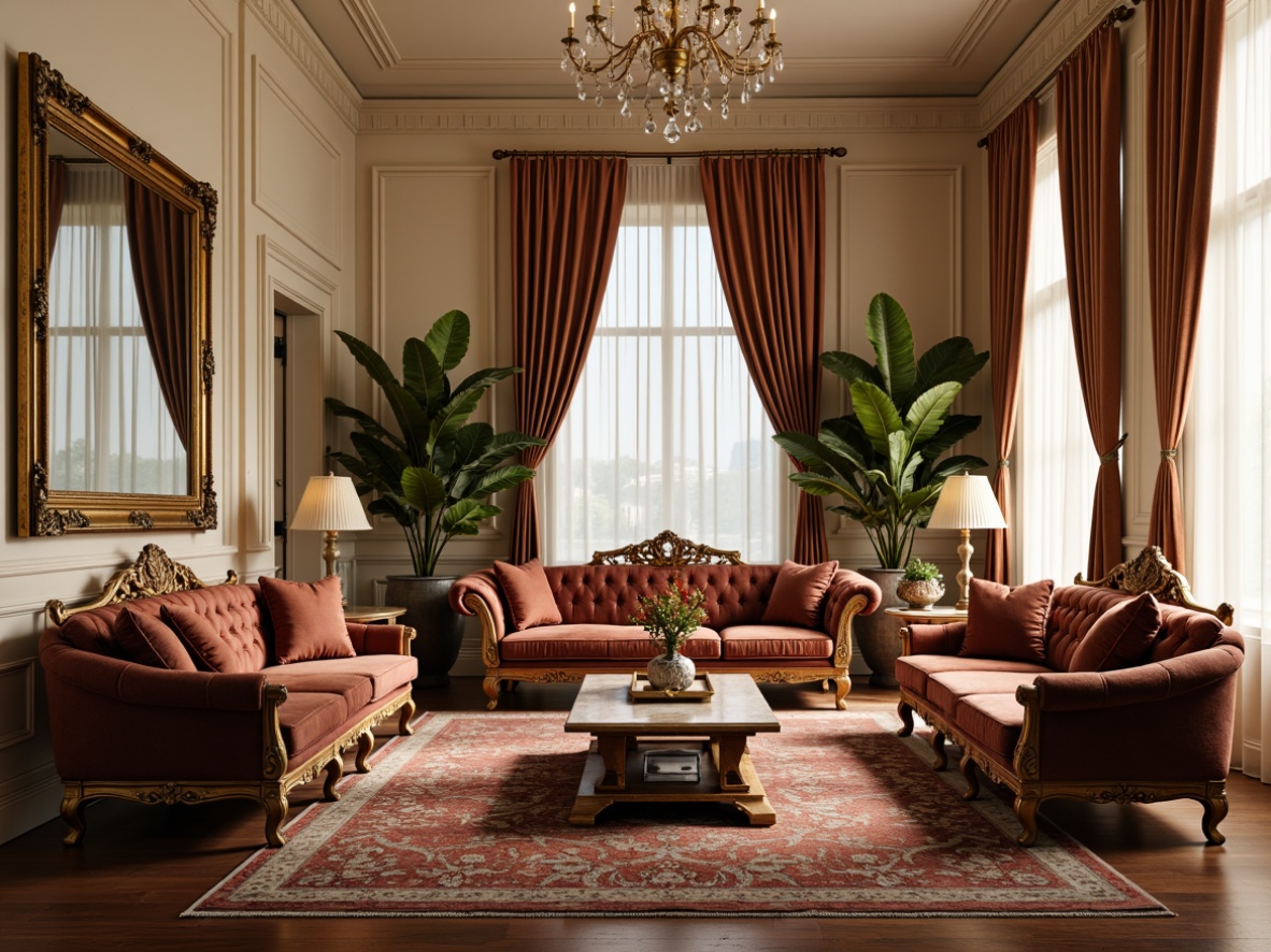 Prompt: Elegant neoclassical interior, ornate furnishings, velvet upholstered sofas, intricately carved wooden armchairs, gilded frames, marble coffee tables, crystal chandeliers, richly patterned rugs, luxurious silk drapes, classic columnar architecture, warm beige walls, high ceilings, large windows, soft natural light, subtle shadows, 1/1 composition, realistic textures, ambient occlusion.