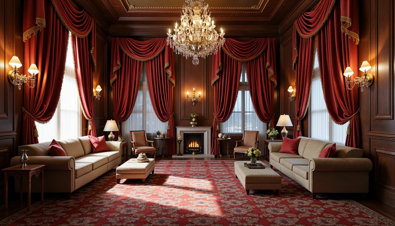 Prompt: Opulent velvet fabrics, intricate embroidery patterns, lavish silk drapes, plush carpeting, metallic accents, luxurious furniture, ornate wooden panels, grand chandeliers, crystal decorations, warm ambient lighting, shallow depth of field, 3/4 composition, panoramic view, realistic textures, ambient occlusion.