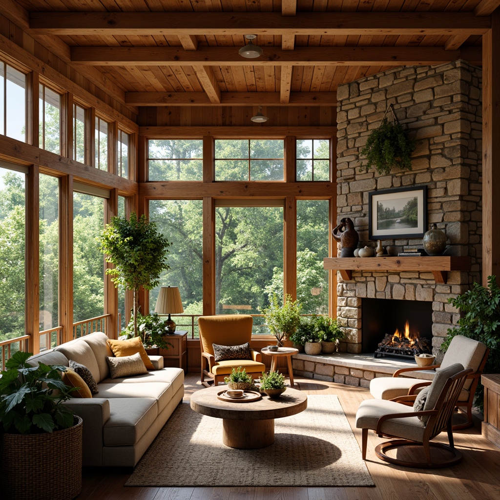 Prompt: Cozy craftsman living room, large windows, natural stone fireplace, wooden beams, plush furnishings, warm earthy tones, abundant greenery, hanging plants, woven textiles, vintage decorative items, rustic wood accents, soft warm lighting, shallow depth of field, 1/1 composition, realistic textures, ambient occlusion, morning sunlight, gentle shadows, relaxed atmosphere.