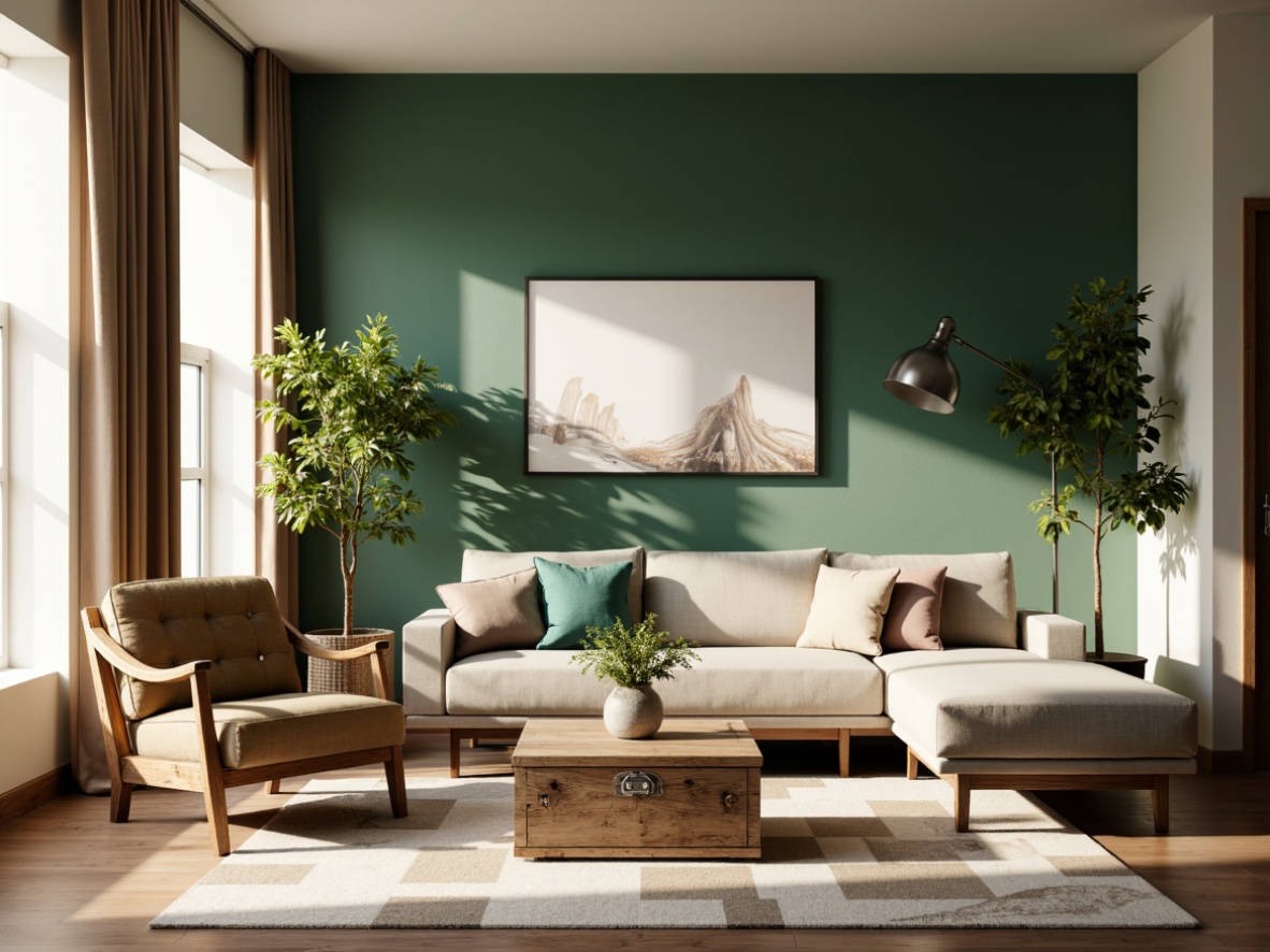 Prompt: Mid-century modern living room, minimalist decor, sleek low-profile sofa, tufted velvet armchair, reclaimed wood coffee table, geometric patterned rug, industrial metal floor lamp, greenery walls, natural light pouring in, warm beige color palette, 1/1 composition, shallow depth of field, softbox lighting, ambient occlusion.