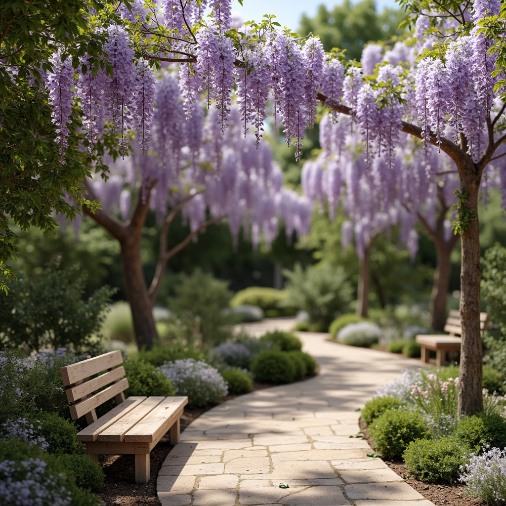 Prompt: Soft wisteria flowers, delicate purple hues, pastel pink accents, creamy white petals, lush green foliage, natural earthy tones, warm beige stones, rustic wooden benches, serene garden atmosphere, gentle sunlight filtering, shallow depth of field, 1/2 composition, realistic textures, ambient occlusion.