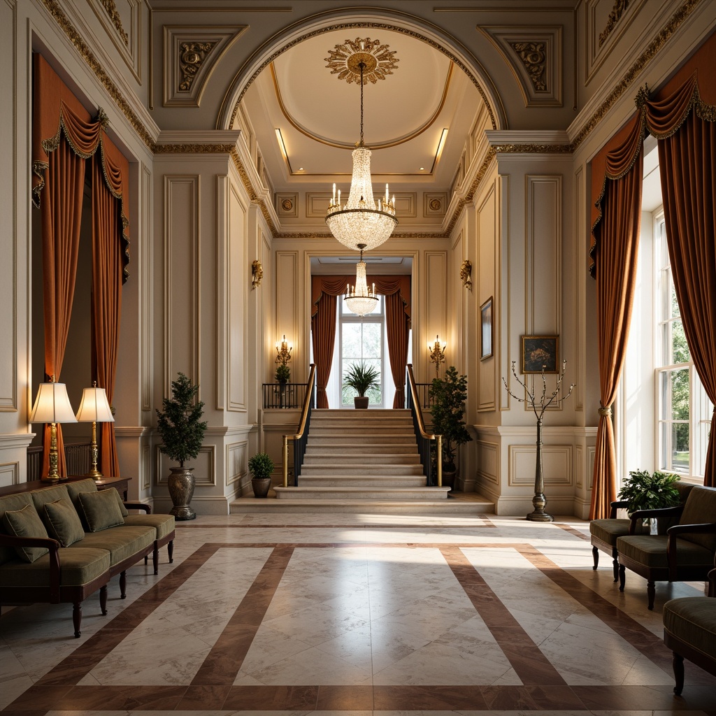 Prompt: Elegant entrance hall, ornate moldings, grand staircase, marble flooring, crystal chandelier, luxurious furnishings, velvet drapes, golden accents, intricate carvings, classical architecture, symmetrical composition, warm soft lighting, shallow depth of field, 3/4 perspective, realistic textures, ambient occlusion.