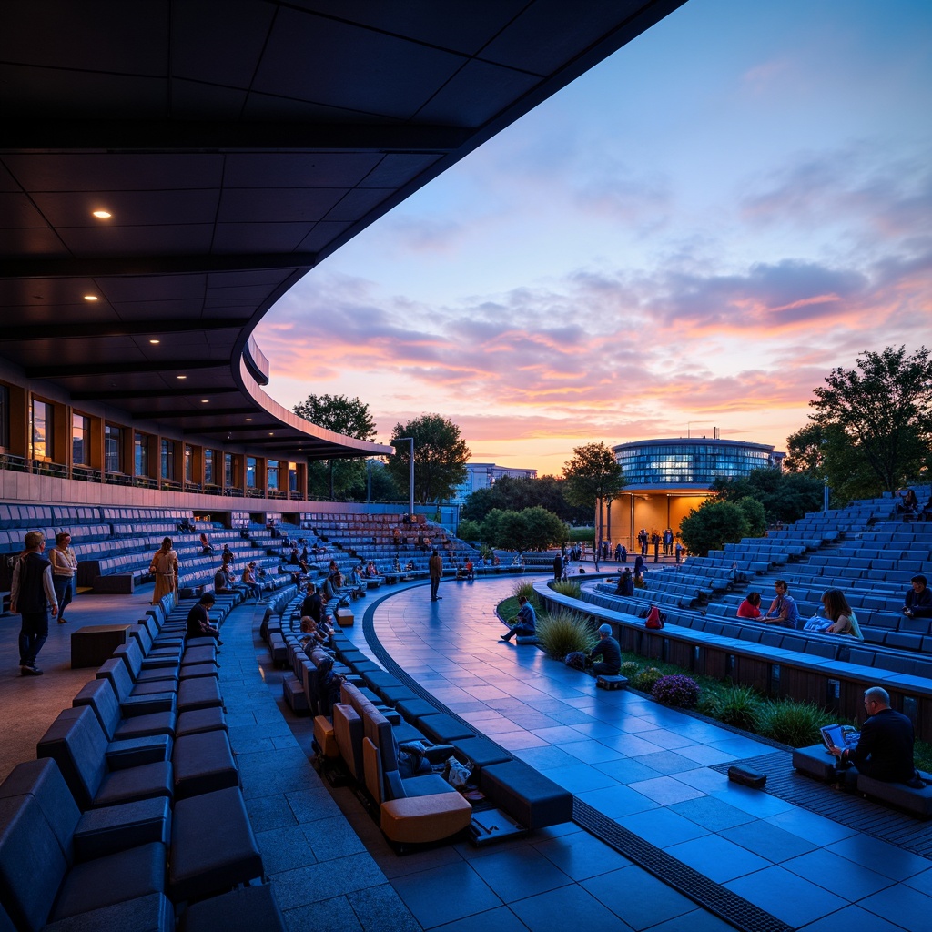 Prompt: Modern amphitheater, sleek curved lines, gradient blue seating, polished concrete floors, vibrant LED lighting, futuristic architectural design, open-air performance space, dramatic sunset views, warm golden hour ambiance, shallow depth of field, 3/4 composition, panoramic view, realistic textures, ambient occlusion.