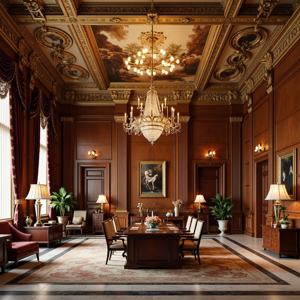 Prompt: Luxurious office interior, rich wood paneling, ornate gold molding, intricate carvings, lavish chandeliers, velvet drapes, marble floors, grandiose columns, sweeping archways, opulent furnishings, plush upholstery, gilded accents, crystal fixtures, dramatic ceiling murals, warm golden lighting, soft focus, shallow depth of field, 2/3 composition, symmetrical framing, highly detailed textures, ambient occlusion.