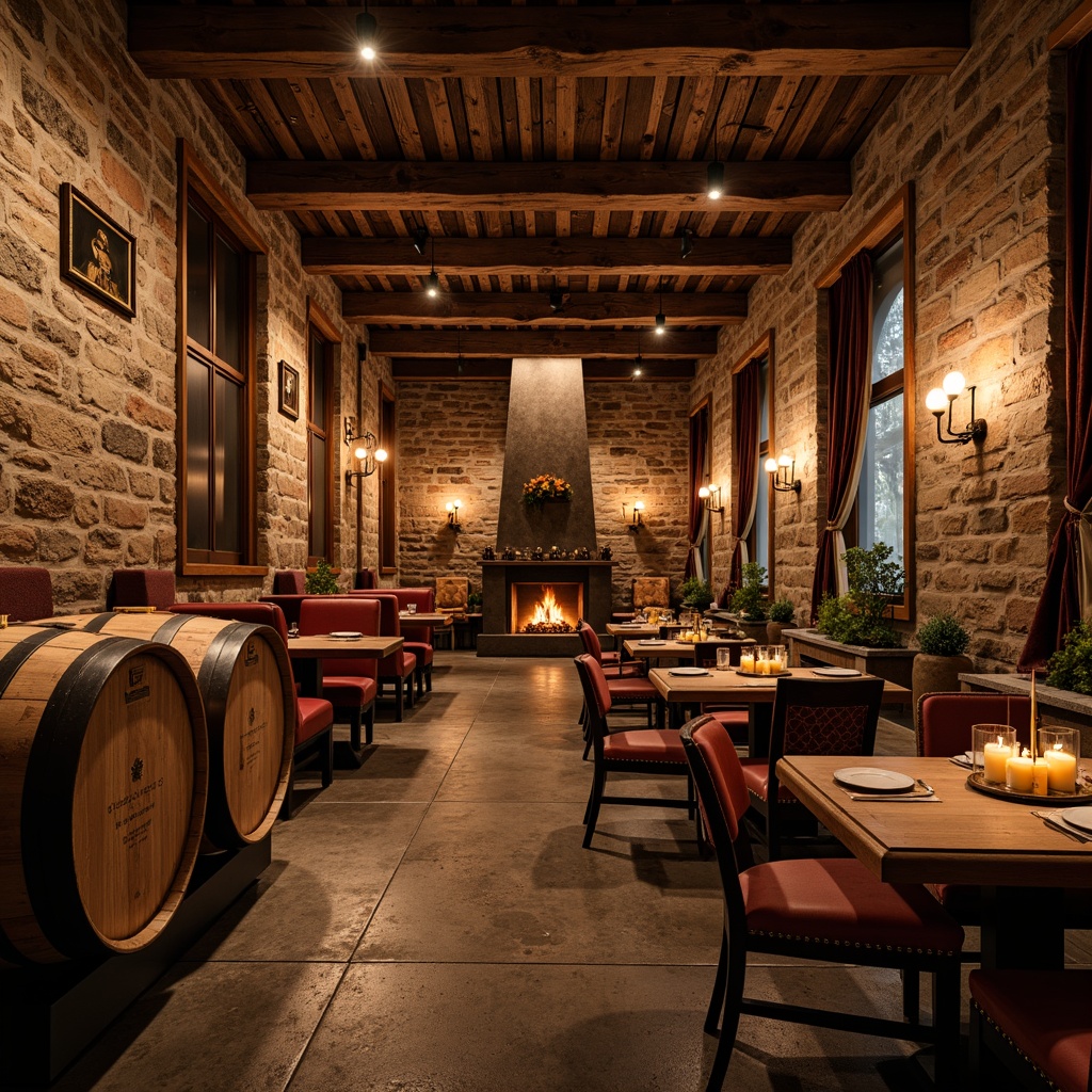 Prompt: Rustic winery interior, reclaimed wood accents, distressed stone walls, vintage wine barrels, wooden crates, earthy color palette, warm candlelight, rich leather upholstery, ornate metalwork, classic wooden tables, comfortable armchairs, soft velvet drapes, dimmed pendant lighting, exposed beam ceilings, natural stone flooring, aged brick archways, cozy fireplaces, intimate ambiance, shallow depth of field, 2/3 composition, warm color grading.