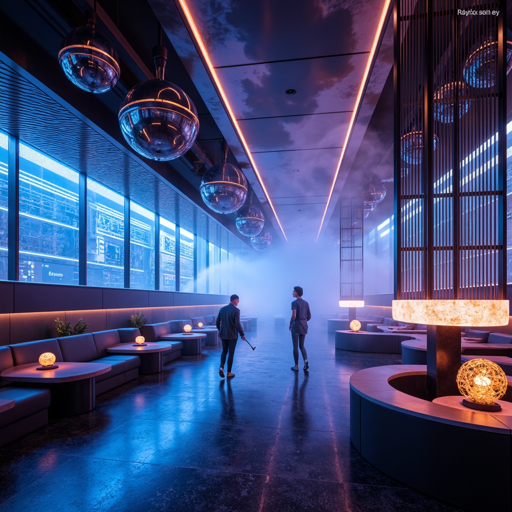 Prompt: Futuristic interior, neon-lit ambiance, sleek metal fixtures, glowing orbs, angular lamps, LED strips, fiber-optic chandeliers, holographic displays, iridescent colors, reflective surfaces, minimalist decor, space-age aesthetic, high-tech gadgets, cyberpunk vibes, dimmable lights, color-shifting LEDs, 3D-printed designs, geometric patterns, avant-garde architecture, abstract shapes, luxurious materials, atmospheric fog, dramatic shadows, cinematic lighting, 1/1 composition, ultra-wide-angle shot.