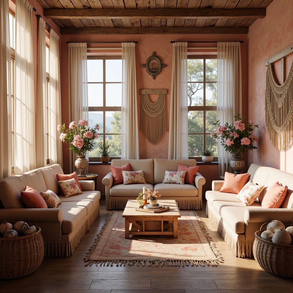 Prompt: Soft peach tones, distressed velvet fabrics, lace trimmings, vintage floral patterns, pastel-hued stripes, linen textures, natural fibers, woven baskets, macrame wall hangings, plush area rugs, warm golden lighting, cozy reading nooks, rustic wooden accents, antique furniture pieces, ornate metalwork details, delicate porcelain vases, muted color palette, romantic ambiance, intimate seating areas, layered window treatments.