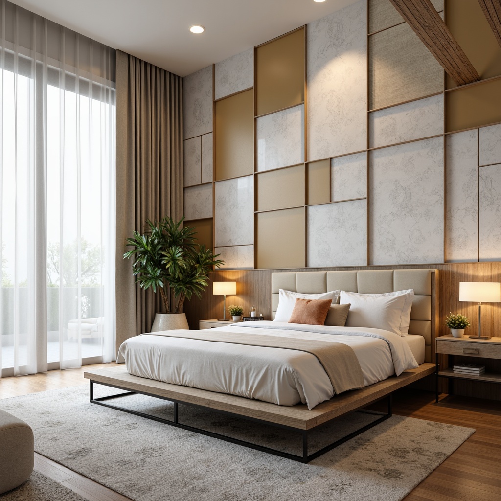 Prompt: Modern bedroom, minimalist decor, accent walls, textured finishes, geometric patterns, soft pastel hues, warm wood tones, sleek metal frames, floor-to-ceiling windows, natural light, sheer curtains, ambient lighting, 3/4 composition, shallow depth of field, realistic textures, subtle shading.