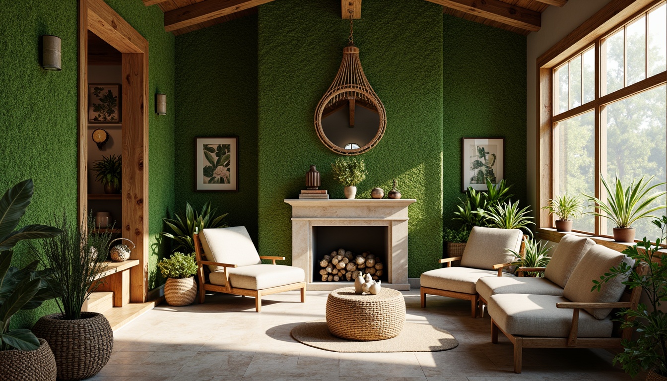 Prompt: Moss-green walls, natural stone floors, wooden accents, earthy tones, lush foliage, serene atmosphere, soft diffused lighting, warm beige furniture, woven textiles, organic shapes, botanical patterns, whimsical illustrations, cozy nooks, intimate spaces, rustic decor, vintage accessories, distressed wood, nature-inspired colors, calming ambiance, 1/2 composition, shallow depth of field, realistic textures.