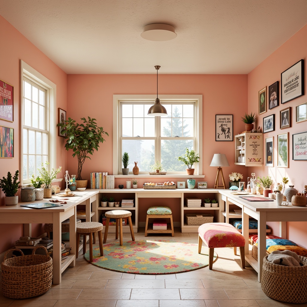 Prompt: Vibrant craft room, pastel hues, soft peach walls, creamy white furniture, natural wood accents, woven baskets, colorful textiles, eclectic art pieces, inspiring quotes, ample sunlight, warm cozy lighting, rustic wooden tables, comfortable stools, storage cubbies, creative supplies, paper flowers, DIY projects, whimsical patterns, cheerful polka dots, playful pom-poms.