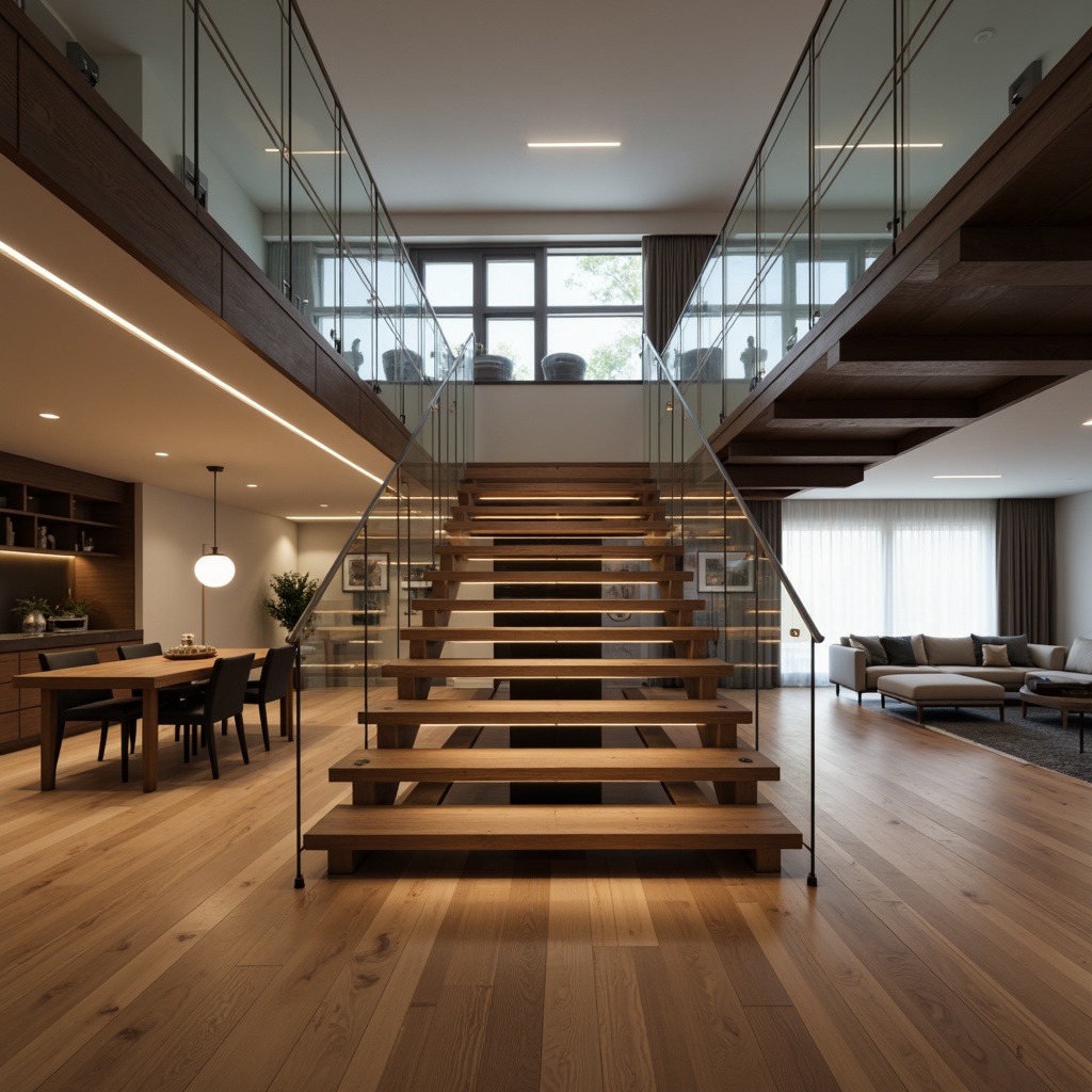 Prompt: Modern staircase, sleek metal railings, glass balustrades, polished chrome accents, LED strip lights, ambient warm glow, recessed lighting, step-by-step illumination, floating stairs, minimalist design, open-plan living area, high ceiling, natural light pouring in, soft warm lighting, shallow depth of field, 3/4 composition, realistic textures, ambient occlusion.