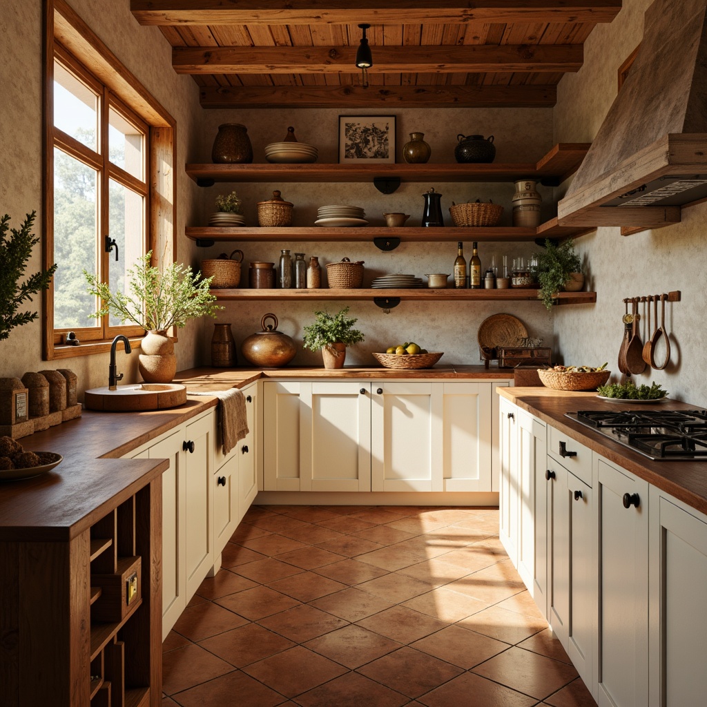 Prompt: Cozy pantry, warm wooden shelves, earthy terracotta tiles, soft cream cabinets, rustic metal hardware, natural stone countertops, vintage kitchen utensils, woven baskets, aromatic spices, rich wood tones, warm beige walls, soft golden lighting, 3/4 composition, realistic textures, ambient occlusion.