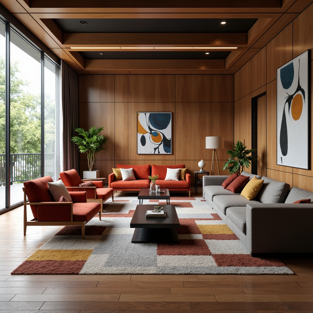 Prompt: Luxurious living room, rich wood flooring, sleek metal accents, velvety soft sofas, bold color blocking, geometric patterned rugs, minimalist coffee tables, modern abstract artwork, floor-to-ceiling windows, natural light pouring in, warm ambient lighting, 1/1 composition, shallow depth of field, realistic textures, ambient occlusion.