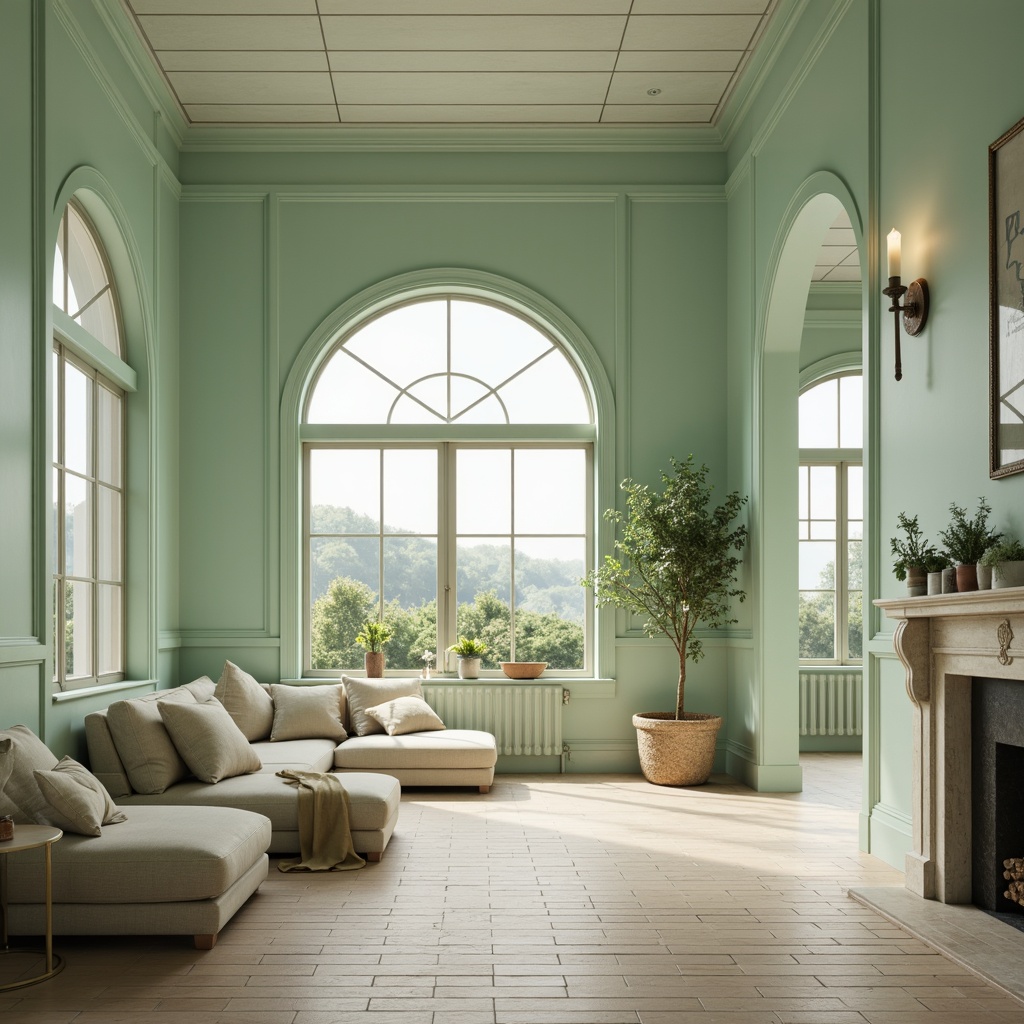 Prompt: Soft mint green walls, creamy white accents, warm beige floors, calming blue ceilings, natural wood furniture, subtle silver hardware, gentle candlelight, ambient softbox lighting, airy open spaces, lush greenery, delicate petal-like textures, serene landscape views, misty morning atmosphere, shallow depth of field, 3/4 composition.