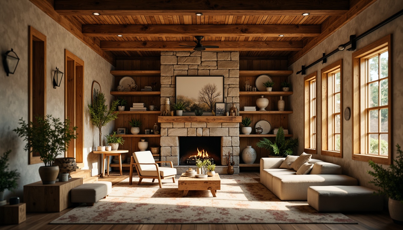 Prompt: Rustic wooden accents, earthy color palette, warm beige tones, rich wood grains, natural stone textures, cozy cabin atmosphere, vintage metal fixtures, distressed finishes, organic patterns, botanical illustrations, warm golden lighting, shallow depth of field, 1/1 composition, realistic wood grain textures, ambient occlusion.