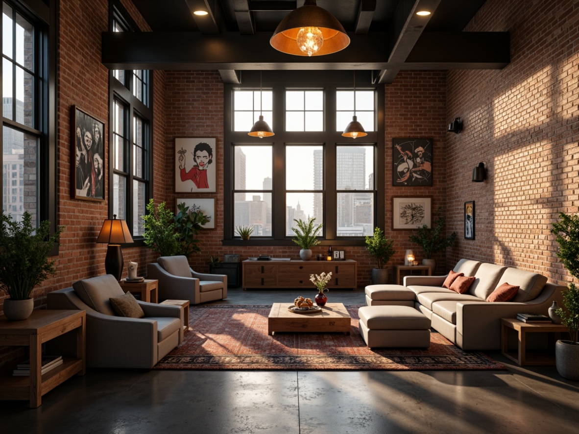 Prompt: Dramatic interior space, luxurious furnishings, statement chandeliers, bespoke pendant lights, floor-to-ceiling windows, urban loft atmosphere, exposed brick walls, polished concrete floors, minimalist decor, eclectic art pieces, modern sectional sofas, plush area rugs, ambient dimmable lighting, warm golden hour glow, 1/2 composition, shallow depth of field, cinematic mood, high-contrast ratio.