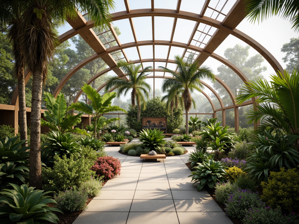 Prompt: Sleek greenhouse interior, lush tropical plants, natural wood accents, reclaimed metal frames, curved lines, minimalist chic, eco-friendly materials, sustainable design, energy-efficient systems, solar-powered lighting, misting irrigation systems, automatic climate control, spacious open layout, panoramic views, abundant natural light, soft warm ambiance, shallow depth of field, 1/2 composition, vibrant colorful textiles, intricate botanical patterns.