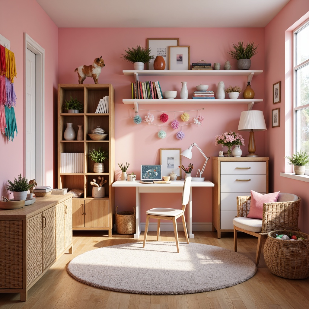 Prompt: Vibrant craft room, pastel color scheme, soft pink walls, creamy white furniture, natural wood accents, woven baskets, colorful fabric scraps, eclectic art supplies, whimsical decorative items, cozy reading nook, plush area rug, warm task lighting, 1/1 composition, shallow depth of field, realistic textures, ambient occlusion.