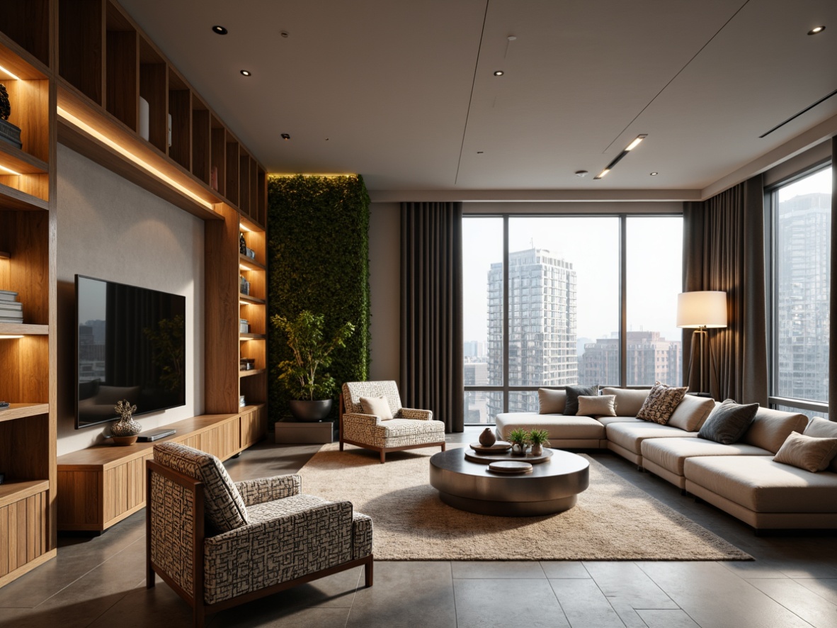 Prompt: Modern living room, built-in shelving units, sleek wooden cabinets, floor-to-ceiling storage, hidden LED lighting, minimalist decor, textured rugs, plush sofas, geometric patterned armchairs, metallic coffee tables, greenery walls, natural stone flooring, large windows, cityscape views, soft warm ambiance, 1/1 composition, shallow depth of field.