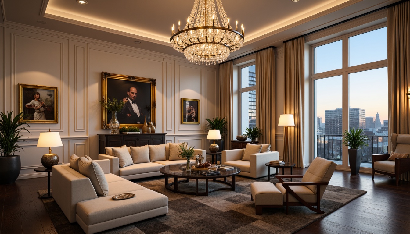 Prompt: Luxurious living room, sophisticated chandelier, crystal droplets, soft warm glow, creamy white walls, dark hardwood floors, plush velvet sofa, ornate gold frames, lavish drapes, floor-to-ceiling windows, cityscape view, evening ambiance, gentle shadows, subtle sparkle, 1/2 composition, realistic rendering, detailed textures.