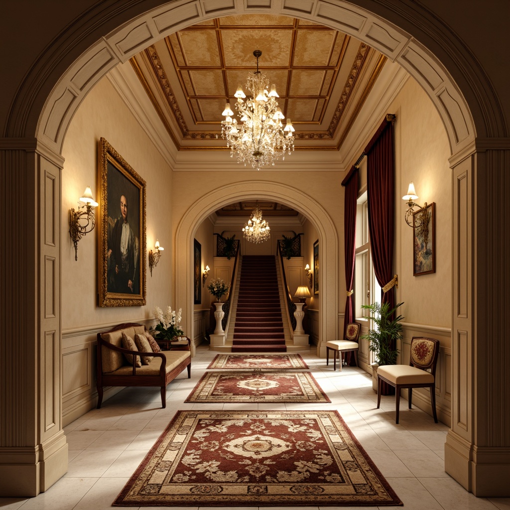 Prompt: Luxurious entrance, ornate moldings, grand archways, intricately carved doorframes, polished wooden doors, brass hardware, majestic columns, sweeping staircases, opulent chandeliers, velvety soft carpets, warm beige walls, richly patterned rugs, elegant furniture pieces, lavish drapery, crystal sconces, refined ambient lighting, shallow depth of field, 1/1 composition, realistic textures, subtle color grading.