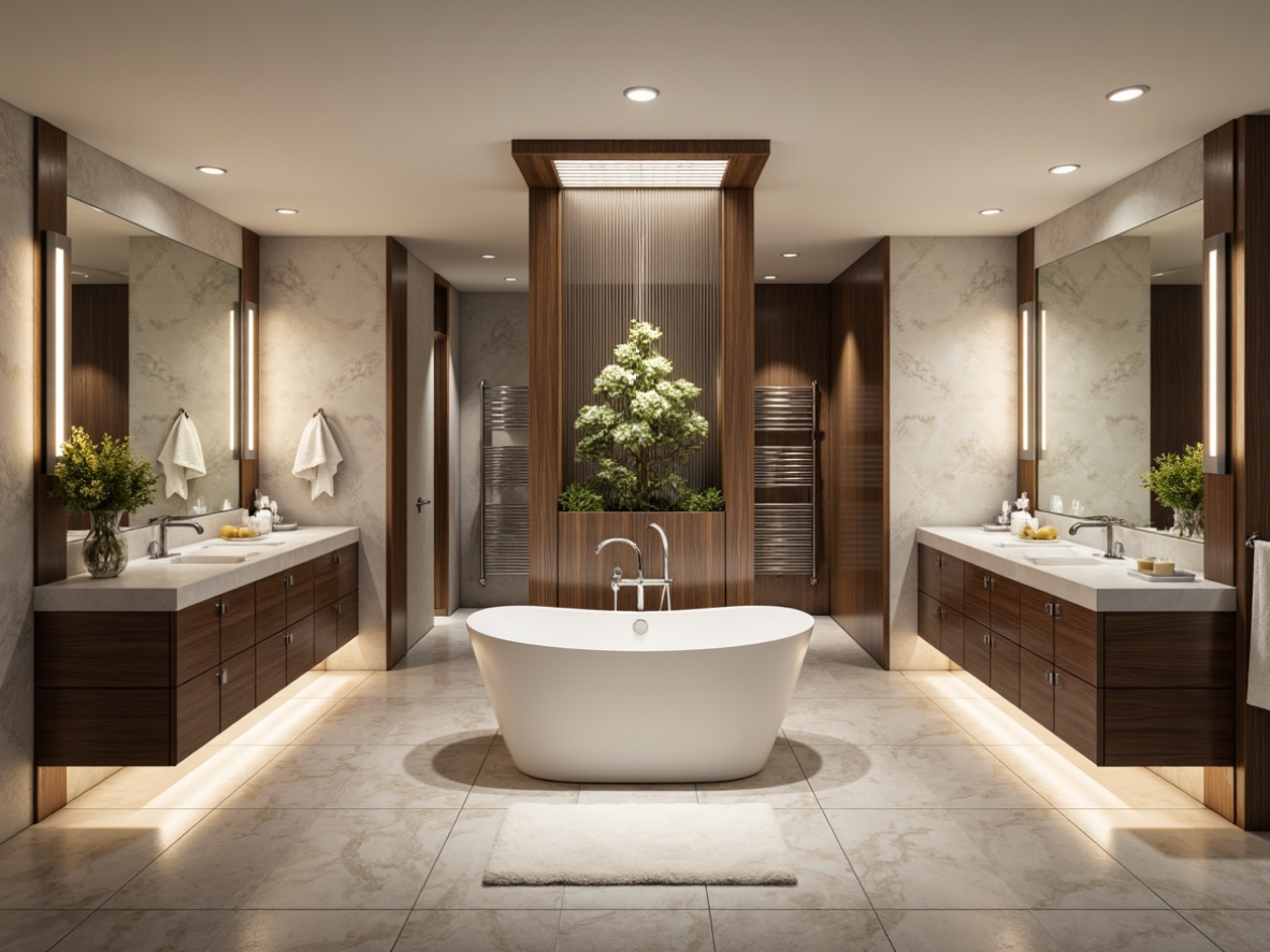 Prompt: Luxurious bathroom, freestanding tub, rainfall showerhead, marble countertops, LED vanity lights, polished chrome faucets, soft-close cabinetry, frameless mirrors, decorative wall tiles, natural stone flooring, plush bath mats, heated towel rails, ambient lighting, 3/4 composition, shallow depth of field, realistic textures.