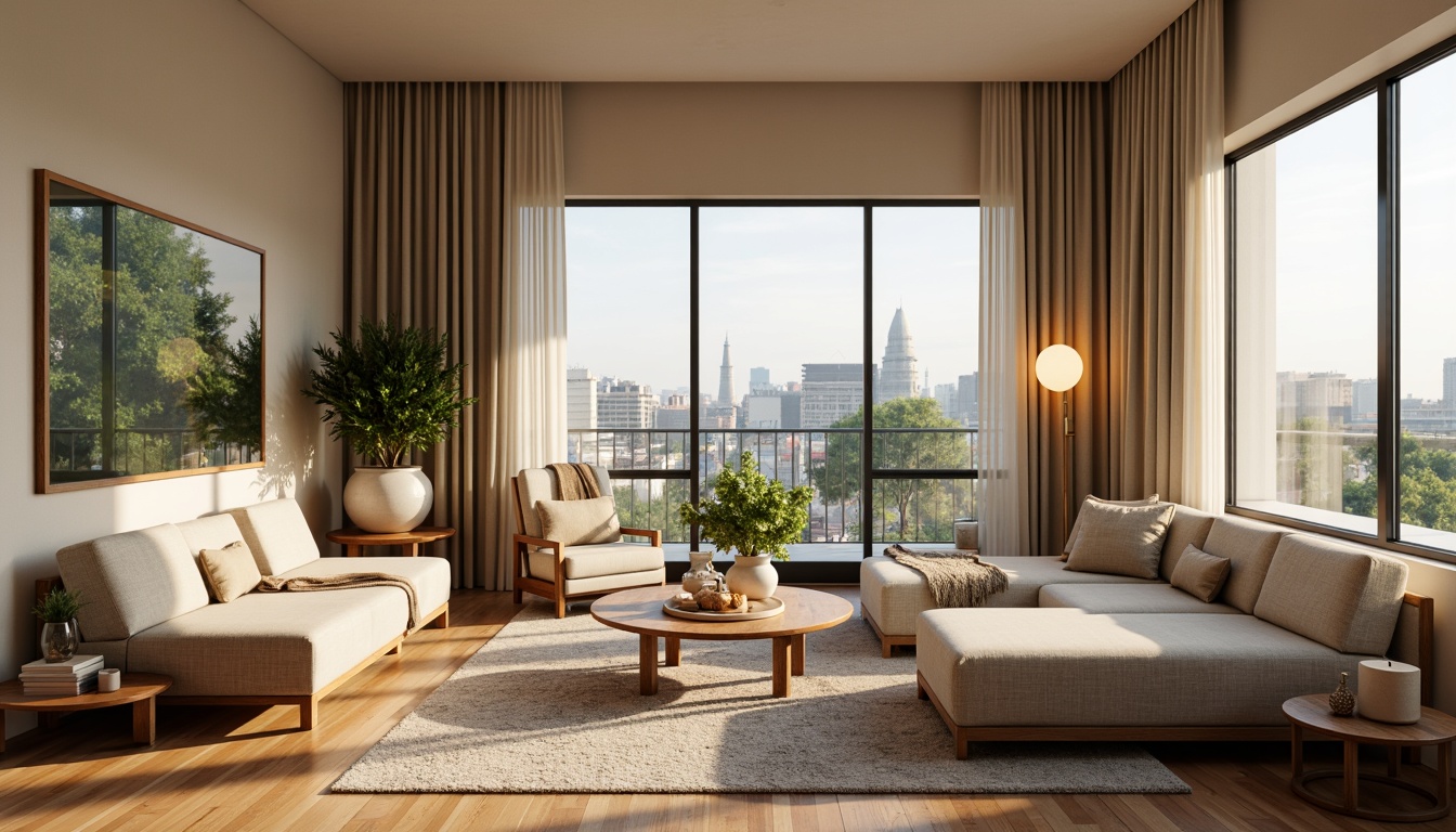 Prompt: Cozy apartment interior, soft warm lighting, calming color scheme, earthy tones, beige walls, dark wood furniture, plush carpeting, comfortable seating areas, natural textures, botanical patterns, greenery accents, minimalist decor, Scandinavian-inspired design, airy feel, large windows, cityscape views, morning sunlight, gentle shadows, 1/2 composition, subtle contrast.