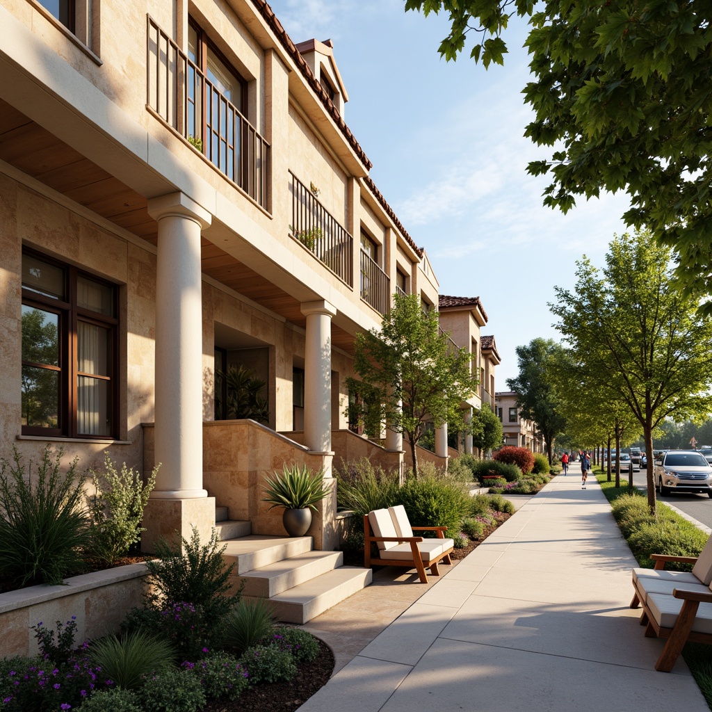 Prompt: Warm beige stone facades, soft cream accents, earthy brown roofs, elegant white columns, ornate gold details, lush greenery, vibrant flower bouquets, classic wooden benches, intricate ironwork, nostalgic street lamps, charming neighborhood streets, sunny afternoon light, warm soft shadows, shallow depth of field, 1/1 composition, realistic textures, ambient occlusion.