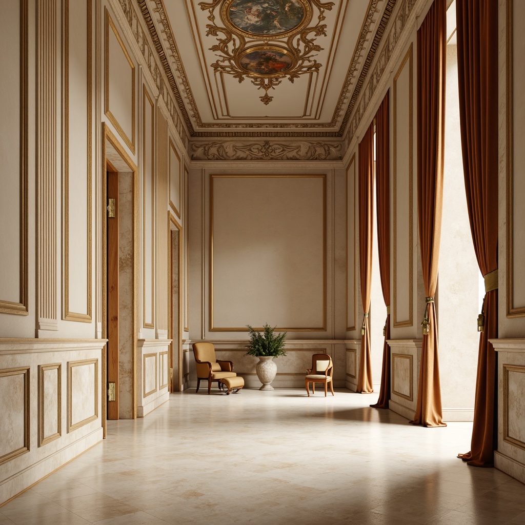 Prompt: Elegant wall paneling, ornate moldings, cream-colored marble, subtle texture, soft warm lighting, luxurious velvet drapes, intricately carved wooden wainscoting, high ceilings, symmetrical composition, classical proportions, refined color palette, ornamental frescoes, subtle sheen, shallow depth of field, 1/1 composition, realistic textures, ambient occlusion.