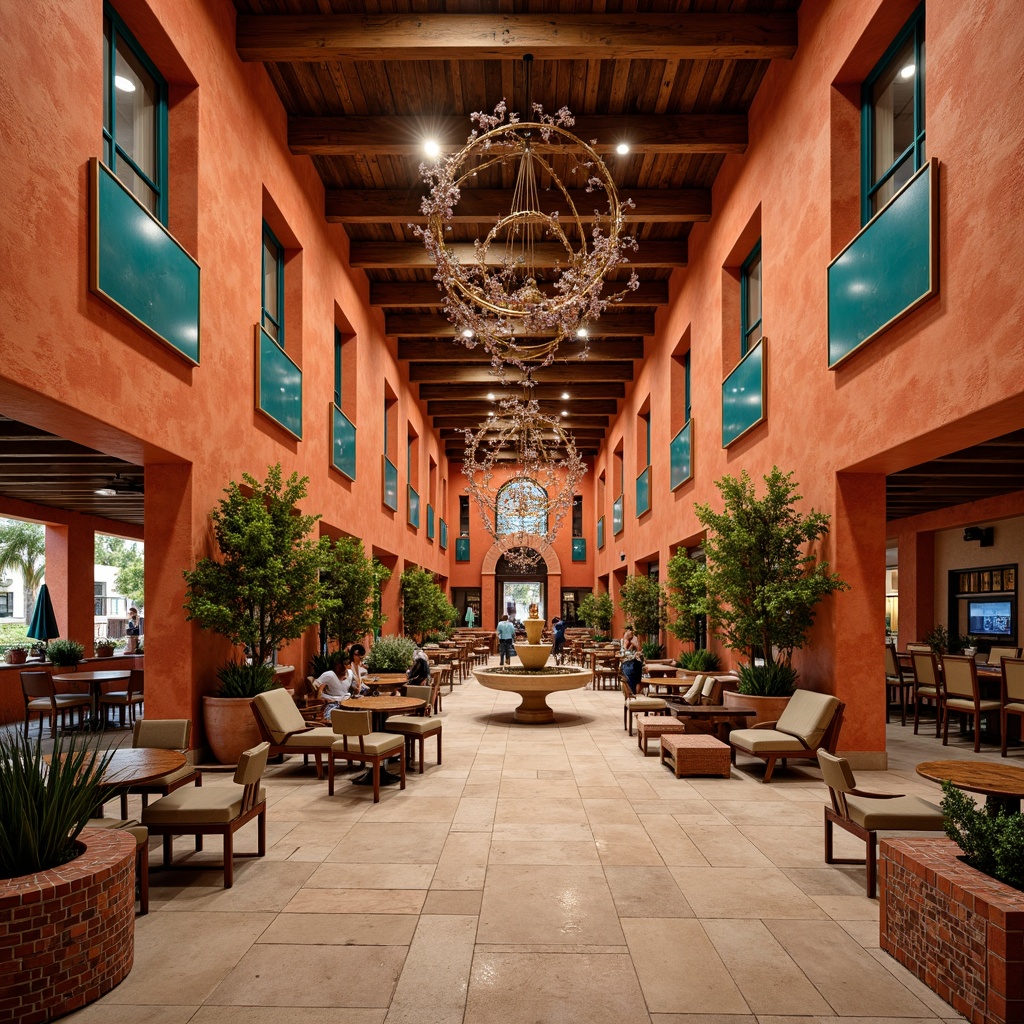 Prompt: \Vibrant southwestern casino, warm terracotta walls, turquoise accents, rustic wooden beams, ornate metalwork, desert-inspired patterns, sandy beige floors, bold red and orange hues, glittering chandeliers, lavish fountains, lush greenery, cactus plants, sunset-inspired color scheme, dramatic lighting effects, shallow depth of field, 1/2 composition, realistic textures, ambient occlusion.\Please note that I've followed the rules to generate a prompt that includes the main subject (southwestern casino), its characteristics (warm terracotta walls, turquoise accents, etc.), setting (desert-inspired patterns, sandy beige floors), and camera settings (dramatic lighting effects, shallow depth of field).