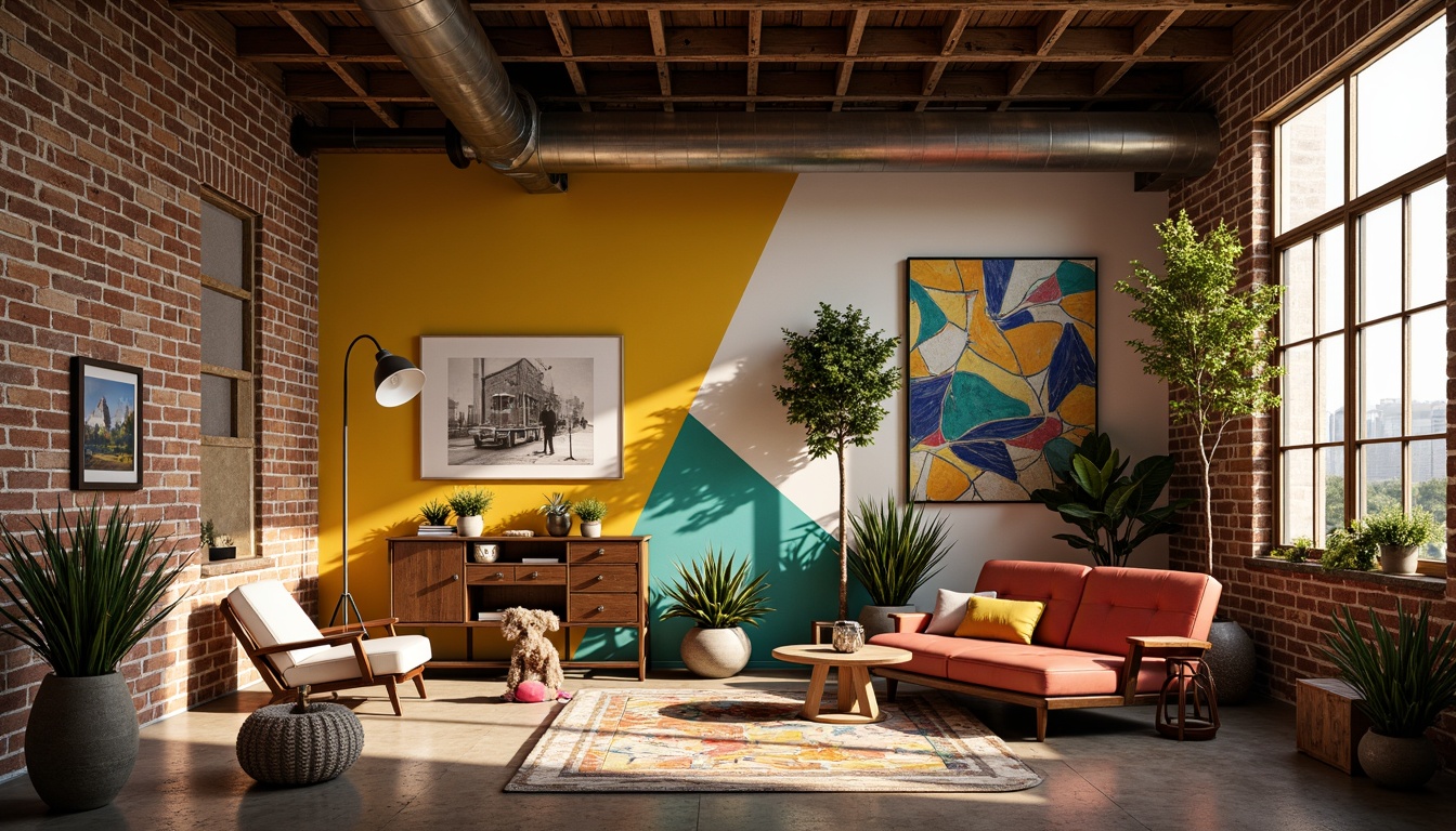 Prompt: Vibrant art studio, eclectic furniture, abstract artwork, rich wood accents, industrial metal beams, exposed brick walls, natural textiles, bold color blocking, contrasting neutral tones, warm golden lighting, softbox shadows, 1/1 composition, intimate atmosphere, realistic renderings, subtle ambient occlusion.Please let me know if this meets your requirements!