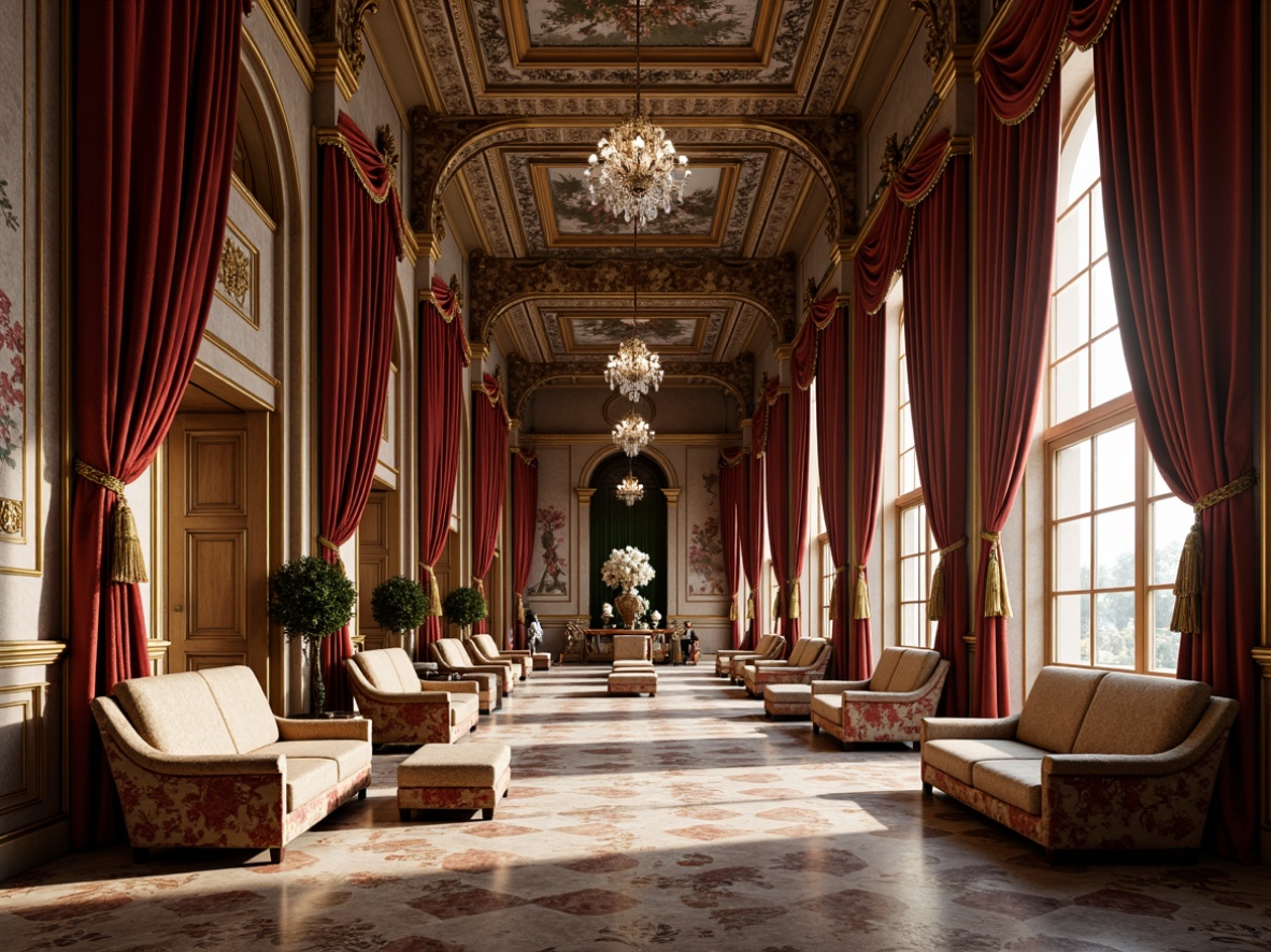 Prompt: Luxurious fabrics, velvet drapes, golden tassels, ornate patterns, rich brocades, intricate embroidery, Renaissance-inspired motifs, lavish upholstery, tufted sofas, carved wooden frames, gilded accents, crystal chandeliers, grandiose architecture, columnar structures, arched windows, marble floors, fresco ceilings, classical sculptures, dramatic lighting, warm color palette, 1/1 composition, shallow depth of field, realistic textures.