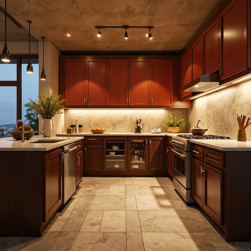 Prompt: Vibrant kitchen interior, modern cabinetry, sleek countertops, stainless steel appliances, elegant pendant lighting, natural stone flooring, earthy color palette, warm ambient lighting, shallow depth of field, 1/1 composition, realistic textures, ambient occlusion;