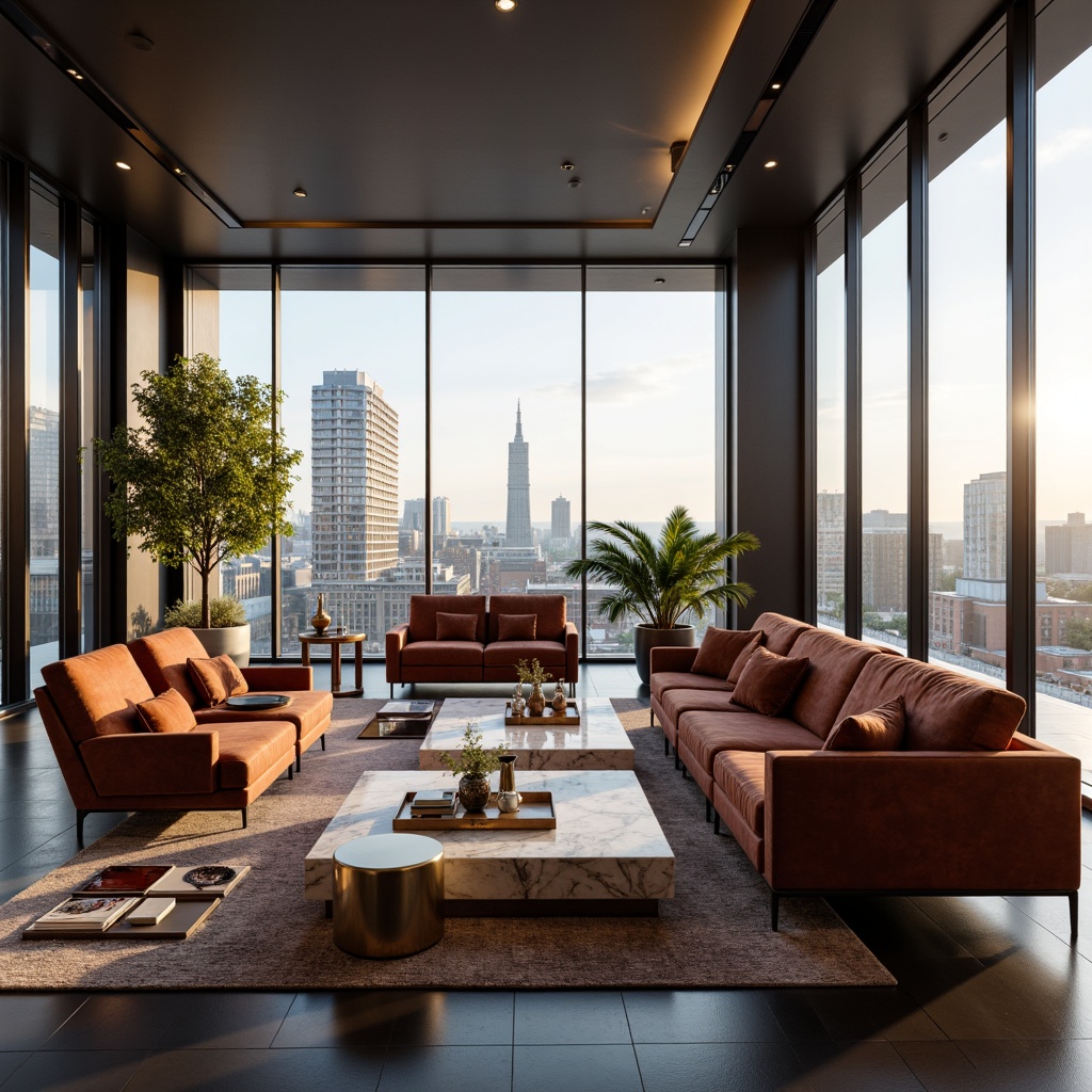 Prompt: Luxurious living room, sleek modern furniture, velvet sofas, marble coffee tables, metallic accents, floor-to-ceiling windows, cityscape views, soft warm lighting, 1/1 composition, shallow depth of field, realistic textures, ambient occlusion.