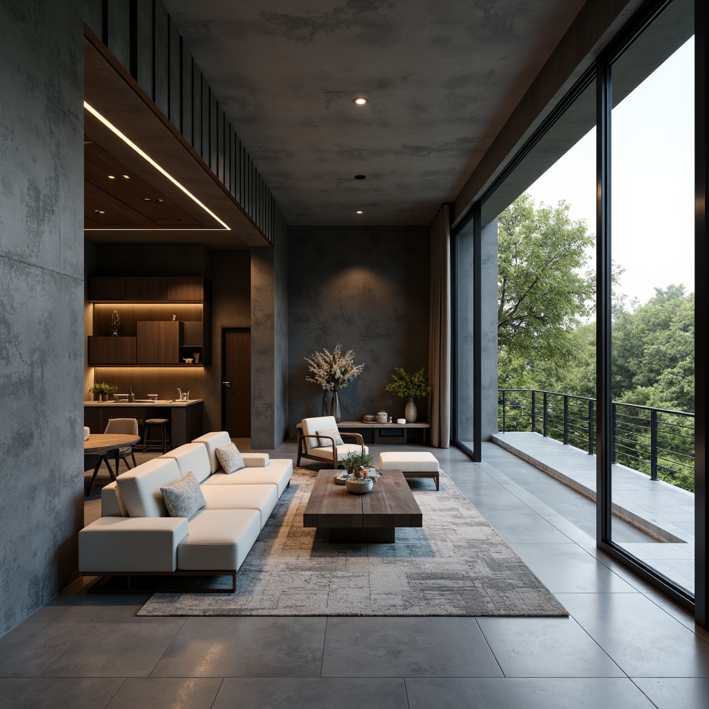 Prompt: Streamlined modern interior, minimalist decor, sleek walls, subtle textures, monochromatic color scheme, geometric patterns, metallic accents, LED lighting, floor-to-ceiling windows, sliding glass doors, open-plan living, low-profile furniture, luxurious fabrics, ambient indirect lighting, 1/1 composition, shallow depth of field, realistic reflections.