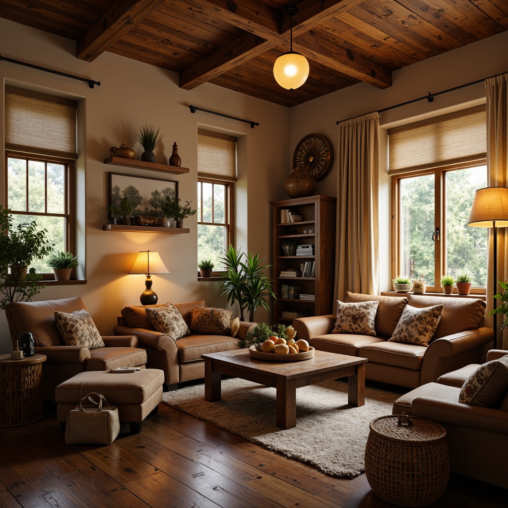 Prompt: Cozy living room, warm earthy tones, rustic wooden accents, vintage decorative items, plush textiles, soft warm lighting, table lamps, floor lamps, pendant lights, natural linen shades, distressed wood furniture, rich leather upholstery, woven baskets, handmade crafts, warm beige walls, dark hardwood floors, traditional craftsmanship, elegant simplicity, softbox lighting, 1/1 composition, shallow depth of field, realistic textures.