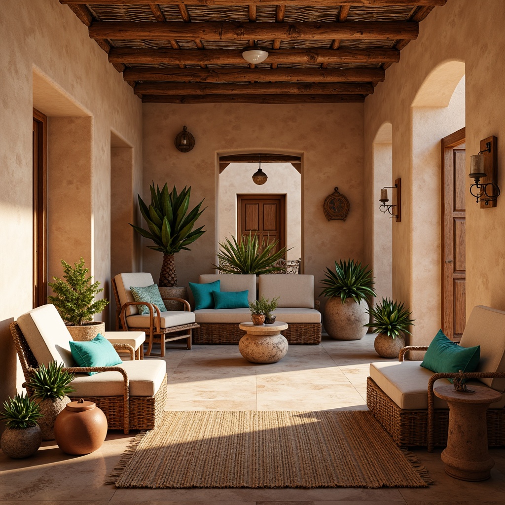 Prompt: Earth-toned adobe walls, rustic wooden accents, woven wicker furniture, vibrant turquoise decor, natural fiber rugs, rough-hewn stone floors, distressed metal fixtures, warm sandy terracotta pots, sun-bleached driftwood, earthy clay planters, weathered copper details, soft warm lighting, shallow depth of field, 3/4 composition, panoramic view, realistic textures, ambient occlusion.