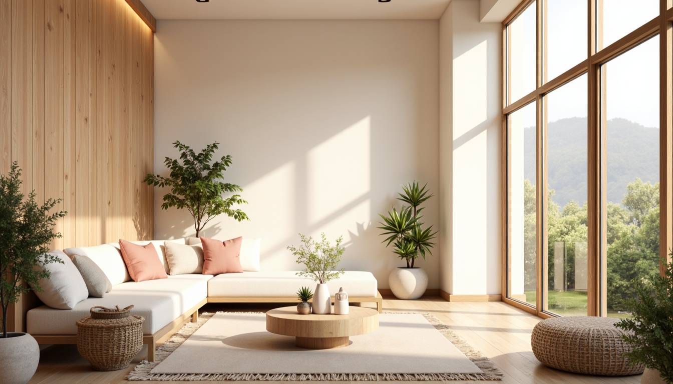 Prompt: Soft peach tones, calming creamy whites, gentle sage greens, soothing lavender hues, warm beige accents, subtle wood textures, natural stone walls, minimalist decor, floor-to-ceiling windows, abundant sunlight, soft warm lighting, shallow depth of field, 3/4 composition, peaceful atmosphere, serene ambiance.