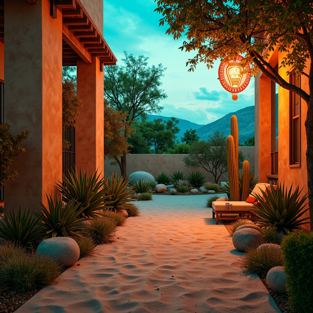 Prompt: Vibrant turquoise, warm terracotta, sandy beige, rich adobe red, deep sienna brown, metallic gold accents, lush greenery, desert cacti, rustic wooden textures, vintage neon signs, dimmed warm lighting, soft focus, shallow depth of field, 1/1 composition, cinematic color grading, realistic ambient occlusion.