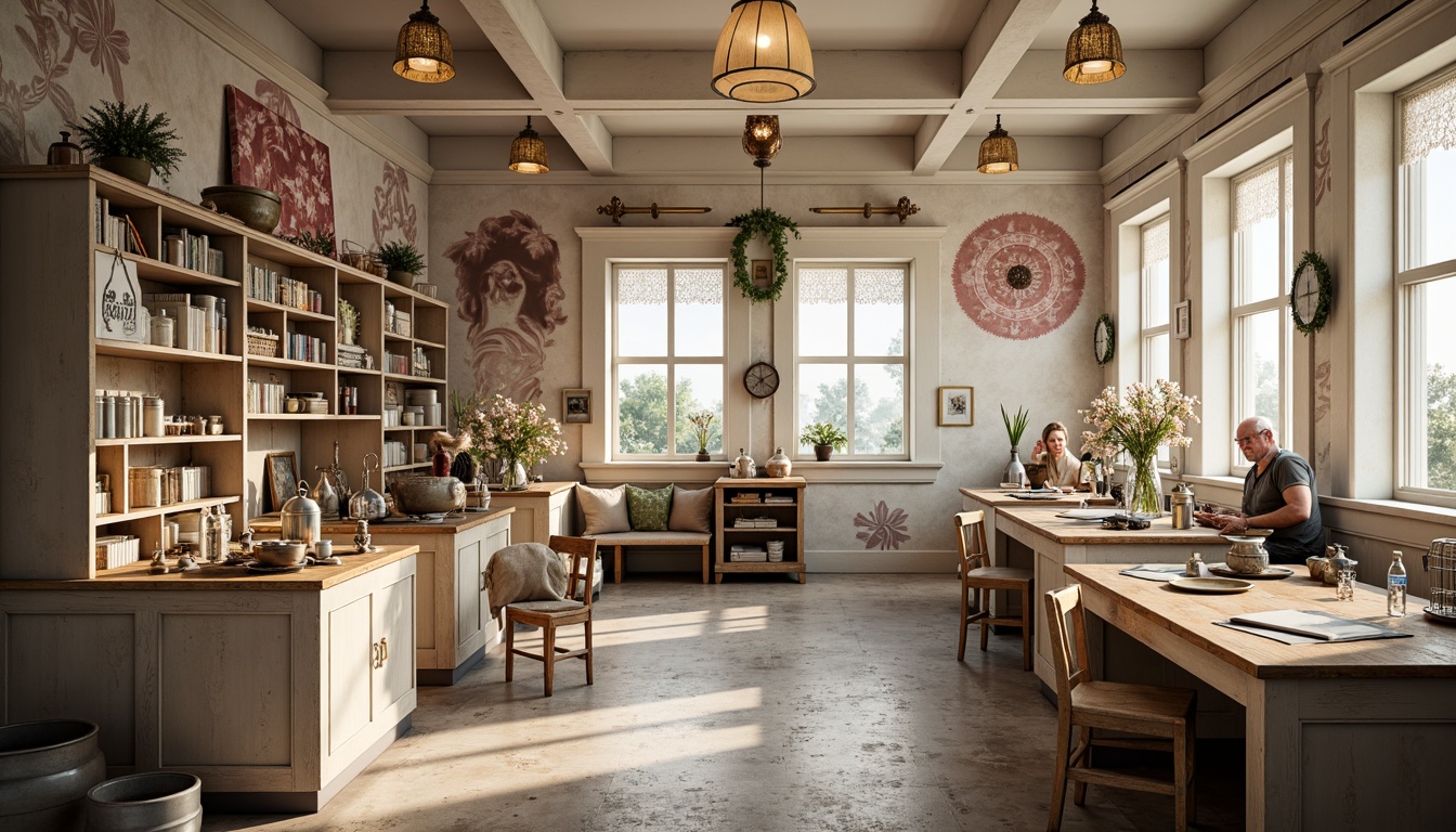 Prompt: Whimsical laboratory interior, distressed wooden furniture, vintage scientific instruments, soft pastel hues, pale pink accents, creamy whites, weathered metal equipment, ornate antique fixtures, lace drapery, floral patterns, feminine touches, elegant chandeliers, warm candlelight, shallow depth of field, 1/1 composition, romantic ambiance, subtle texture overlays.