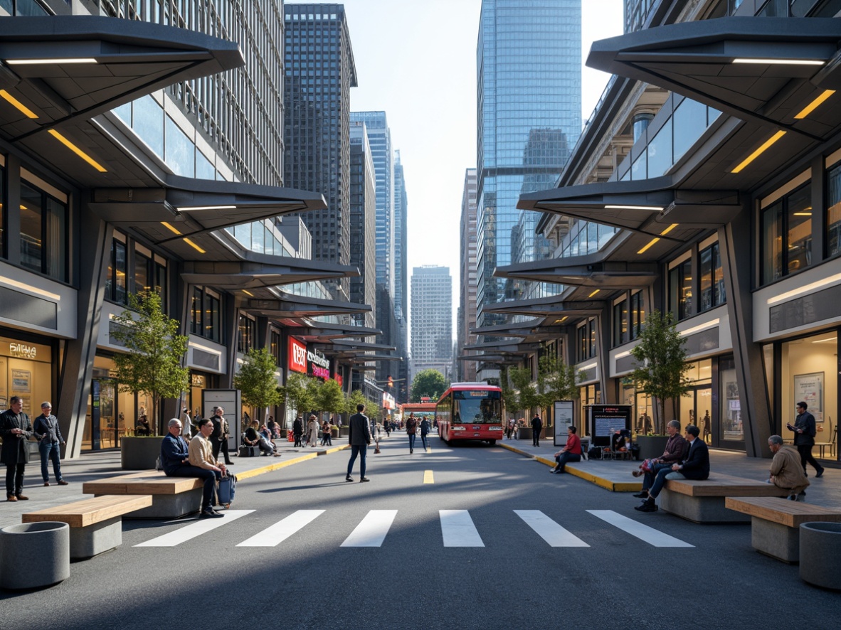 Prompt: Vibrant bus station, modern architecture, sleek metal roofs, large glass windows, LED lighting systems, dynamic color scheme, bold signage, urban cityscape, morning commute, rush hour atmosphere, busy pedestrian traffic, accessible ramps, clear wayfinding signs, durable flooring materials, comfortable seating areas, natural ventilation systems, energy-efficient solutions, futuristic design elements, geometric patterns, contrasting colors, high-visibility graphics, 3/4 composition, shallow depth of field, realistic textures.