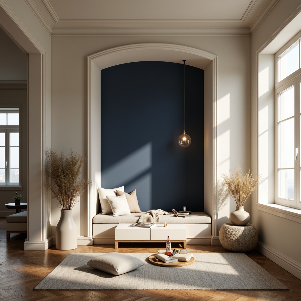 Prompt: Navy blue accent walls, creamy white furniture, warm beige flooring, soft golden lighting, natural wood textures, elegant curved lines, minimal ornamentation, sophisticated modern interior design, cozy reading nook, plush throw blankets, comfortable pillows, serene atmosphere, shallow depth of field, 1/1 composition, realistic renderings, ambient occlusion.