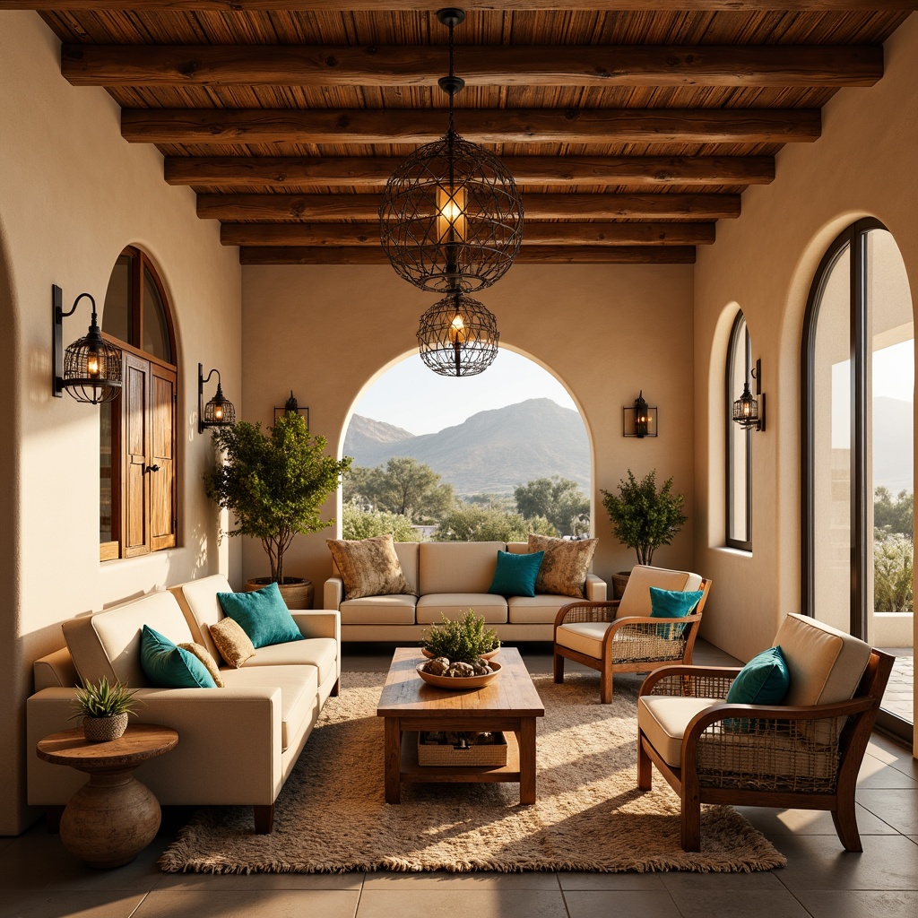 Prompt: Southwestern-style living room, warm beige walls, rustic wooden furniture, vibrant turquoise accents, plush area rugs, natural fiber textiles, earthy clay pottery, woven baskets, arched windows, soft warm lighting, pendant lanterns, wrought iron chandeliers, distressed metal sconces, candlelit ambiance, warm golden hues, rustic wooden beams, adobe-inspired architecture, desert landscape views, sunny afternoon, shallow depth of field, 1/1 composition, realistic textures, ambient occlusion.